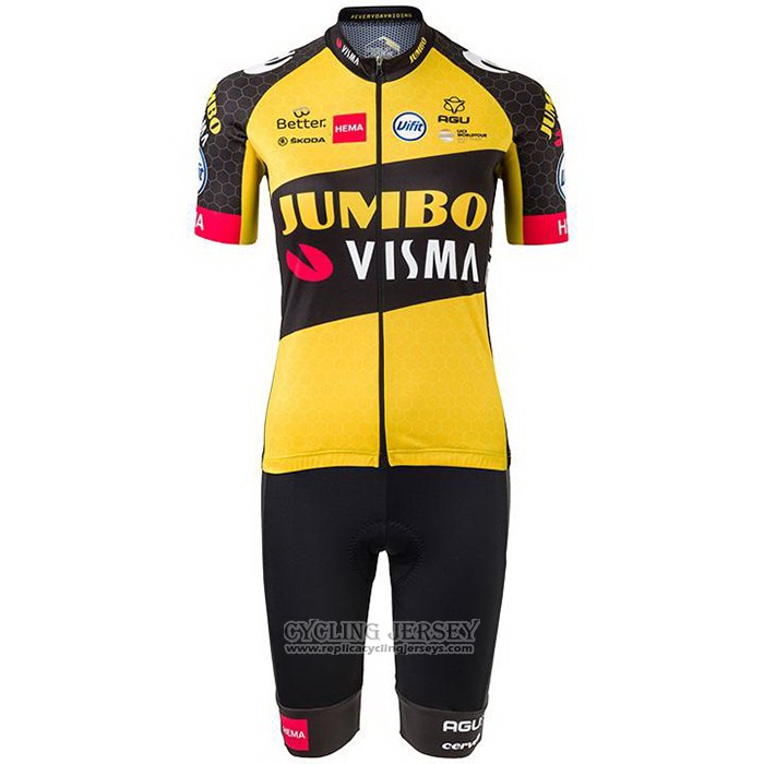 2021 Cycling Jersey Women Jumbo Visma Black Yellow Short Sleeve And Bib Short